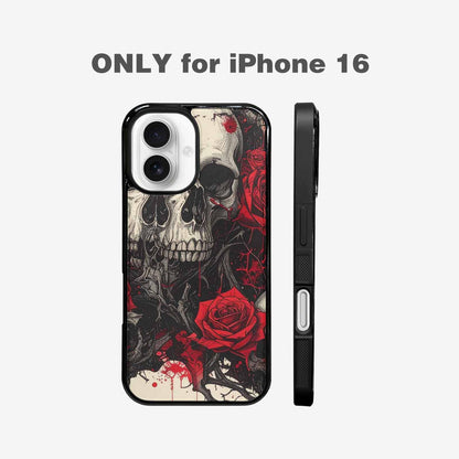 iPhone 16 Case — Skull And Roses Black Red Ink, Custom Printed Phone Case