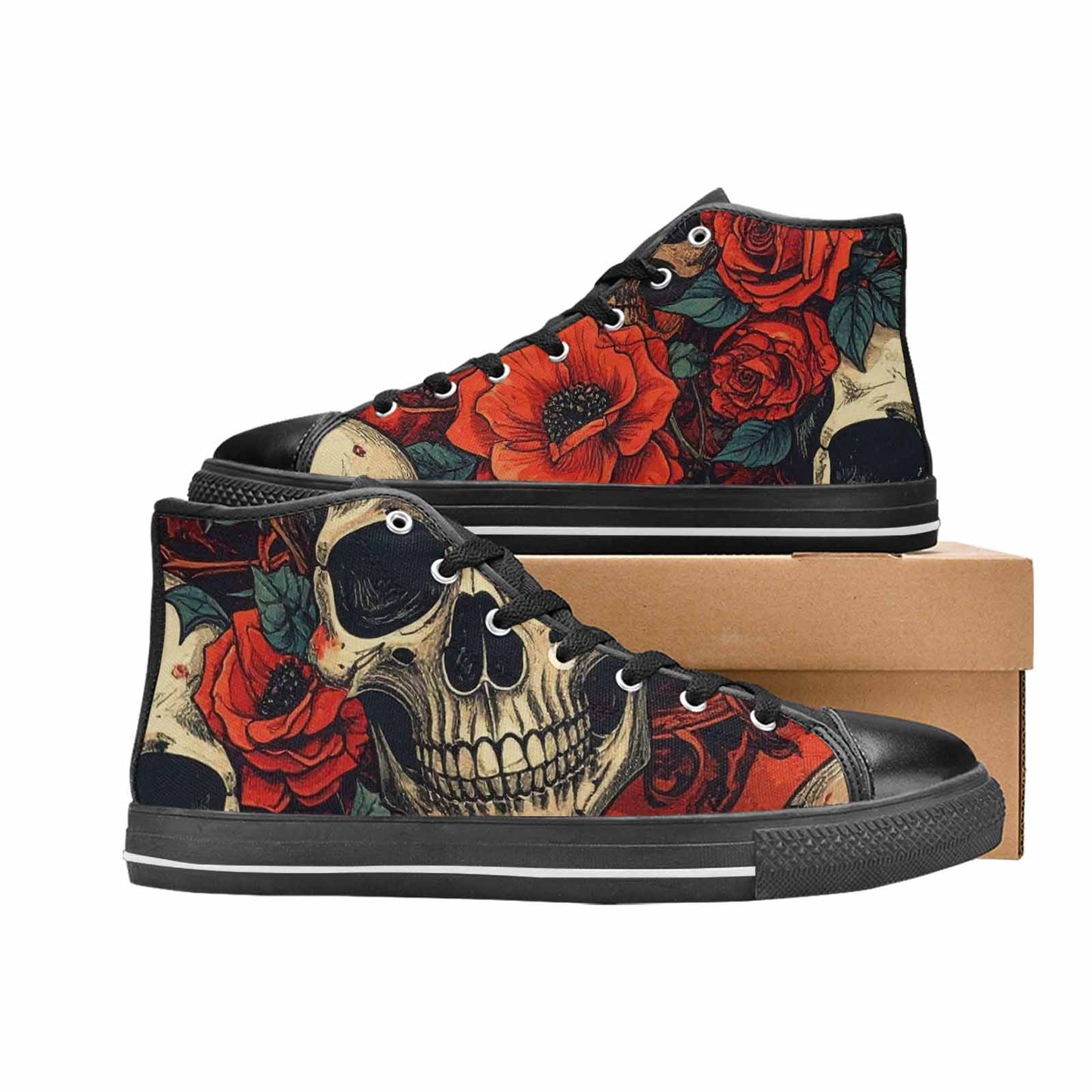 MEN'S Skulls Roses Bold Pen Ink High Top Canvas Wallpaper Art Custom Shoes