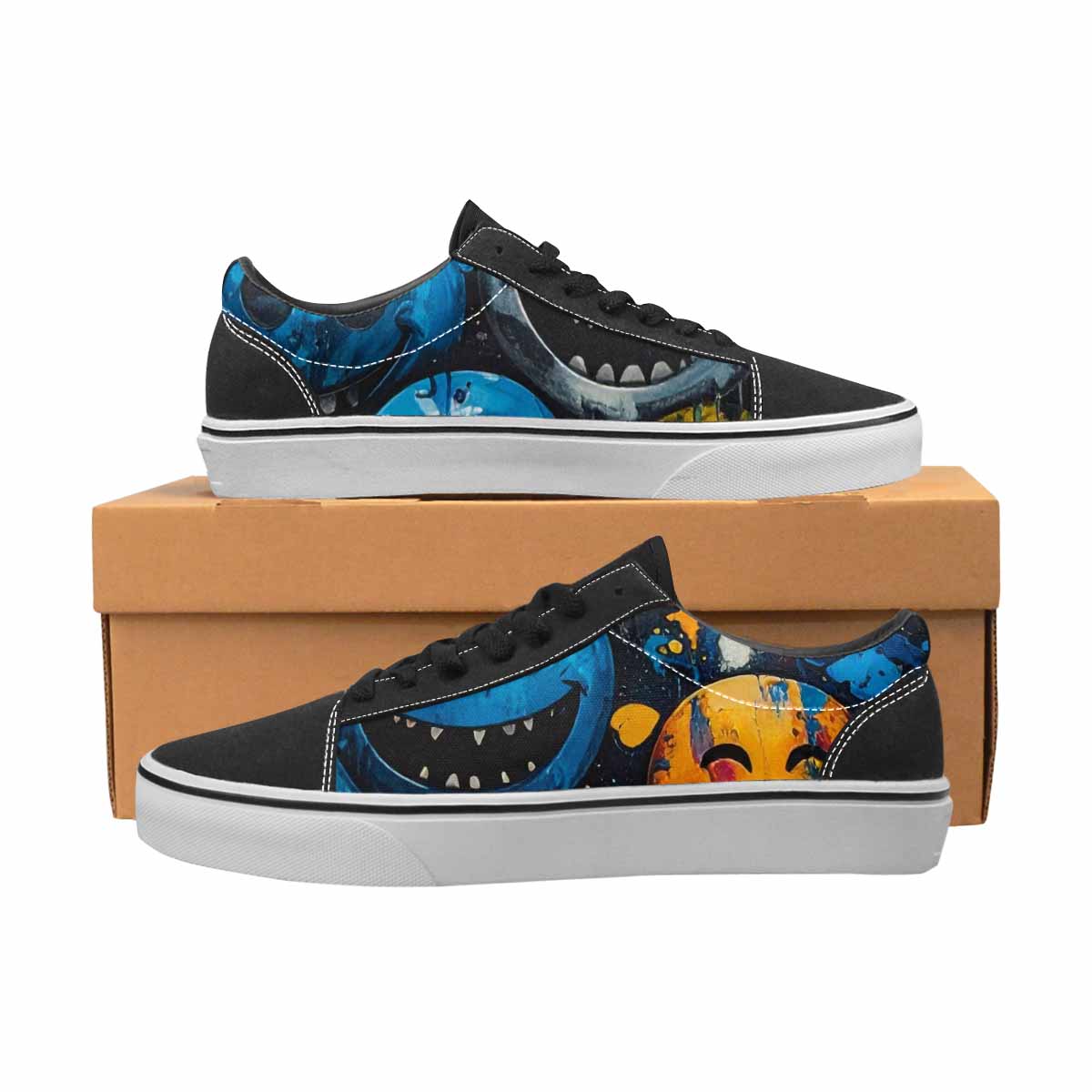 WOMEN'S Melting Moon Smiley Lace-Up Canvas Wallpaper Art Custom Sneakers