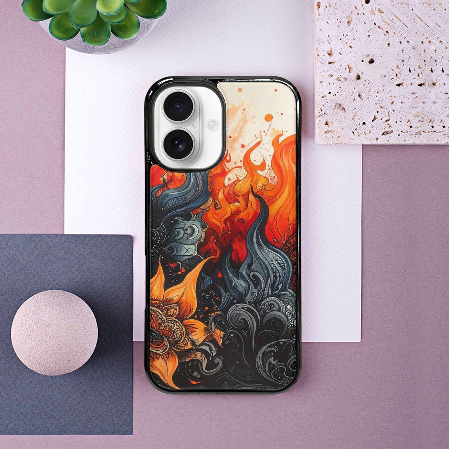 iPhone 16 Case — Flame Burst Black Red Ink Flame, Custom Phone Case
