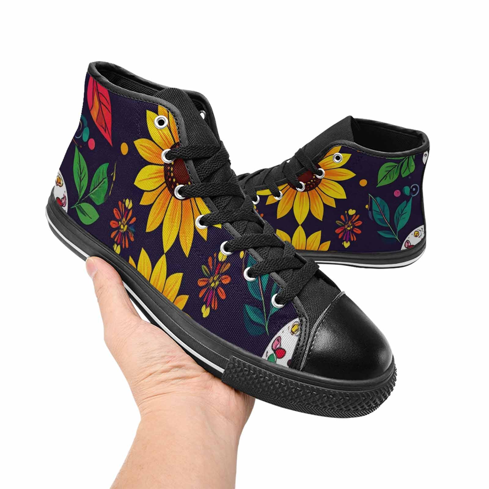 WOMEN'S Sunflowers And Skulls High Top Canvas Vibrant Chaos Custom Sneakers
