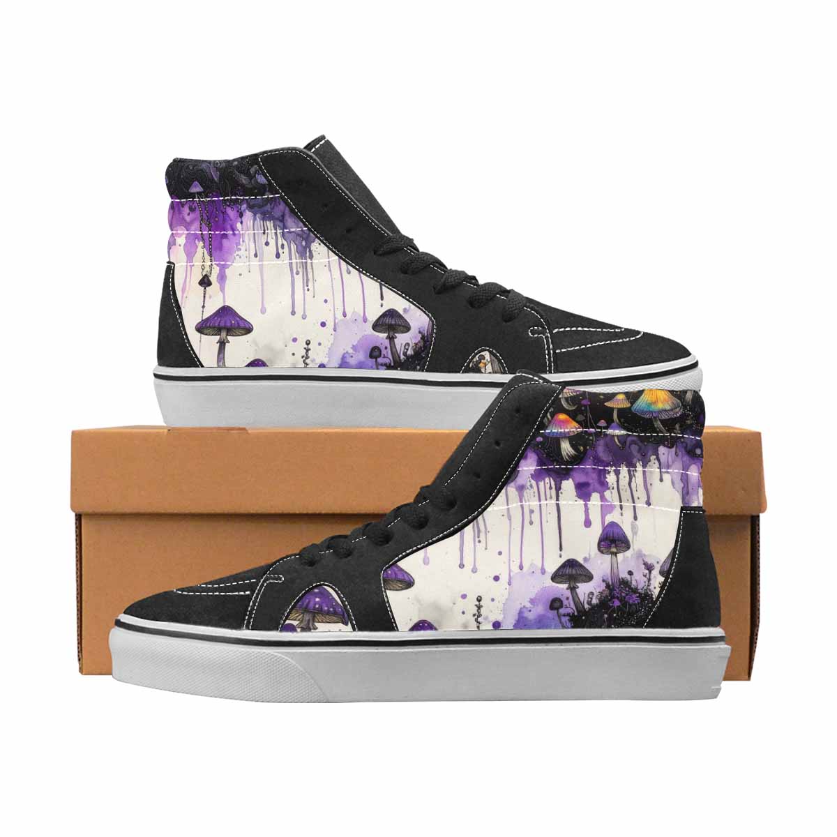 WOMEN'S Mushrooms Black & Purple Ink High Top Canvas Custom Fashion Melting Art Handmade Custom Shoes