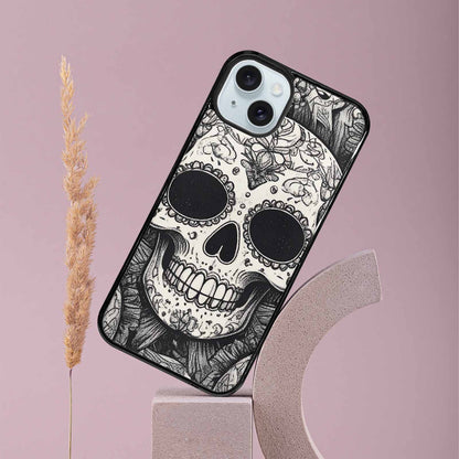 iPhone 15 Plus Case — Intricately Detailed Sugar Skulls In Black, Custom Print Case Cover