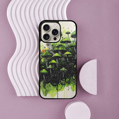 iPhone 16 Pro Max Case — Rainbow Drip Mushrooms Black Green Ink, Custom Phone Case