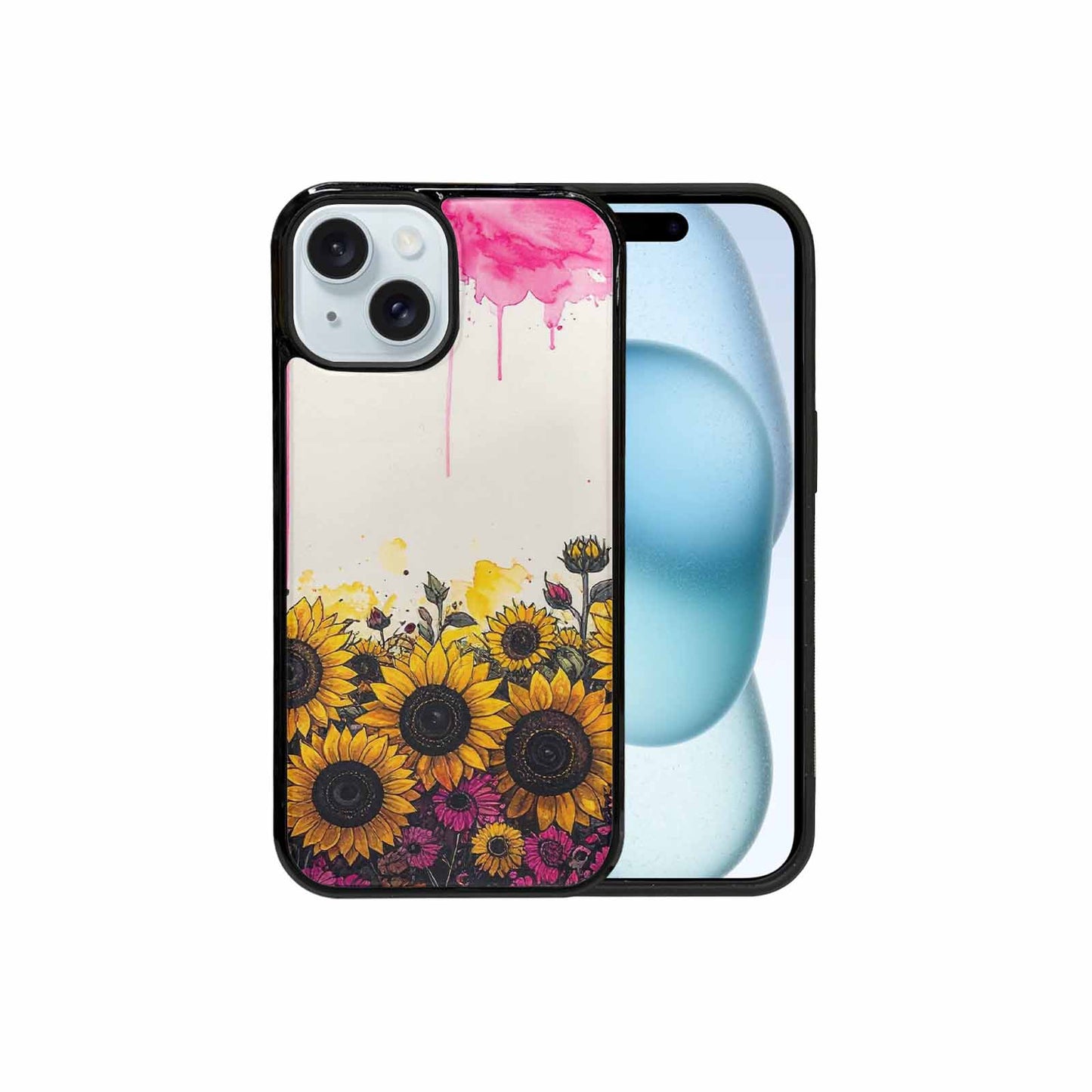 iPhone 15 Case — Sunflower Burst Black Pink Ink Sunflowers, Custom Phone Case