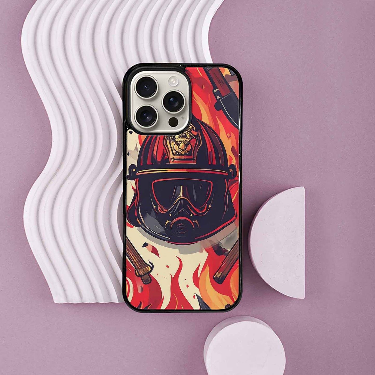 iPhone 16 Pro Max Case — Firefighter Pattern Flames Axes Helmets Seamless, Custom Made Phone Cover