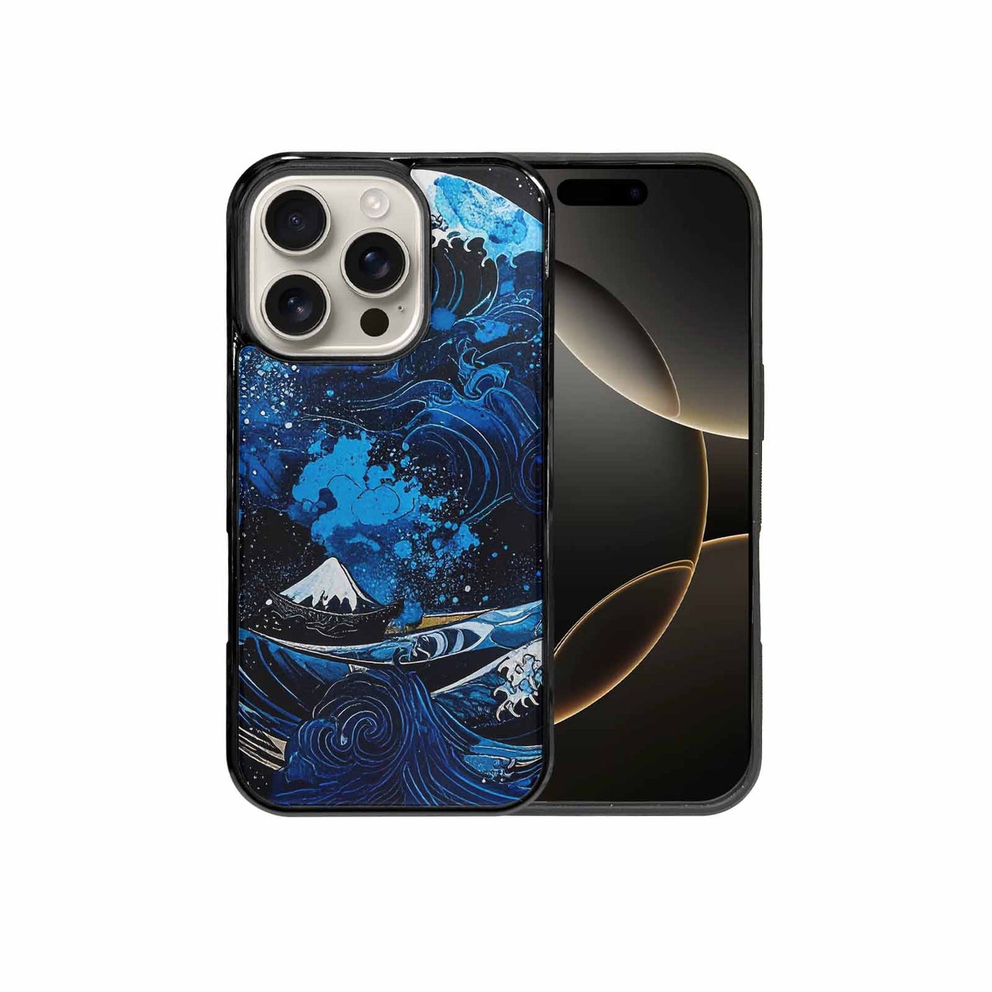 iPhone 16 Pro Case — Nautical Wave Black Blue Ink Wave, Custom Print Case Cover