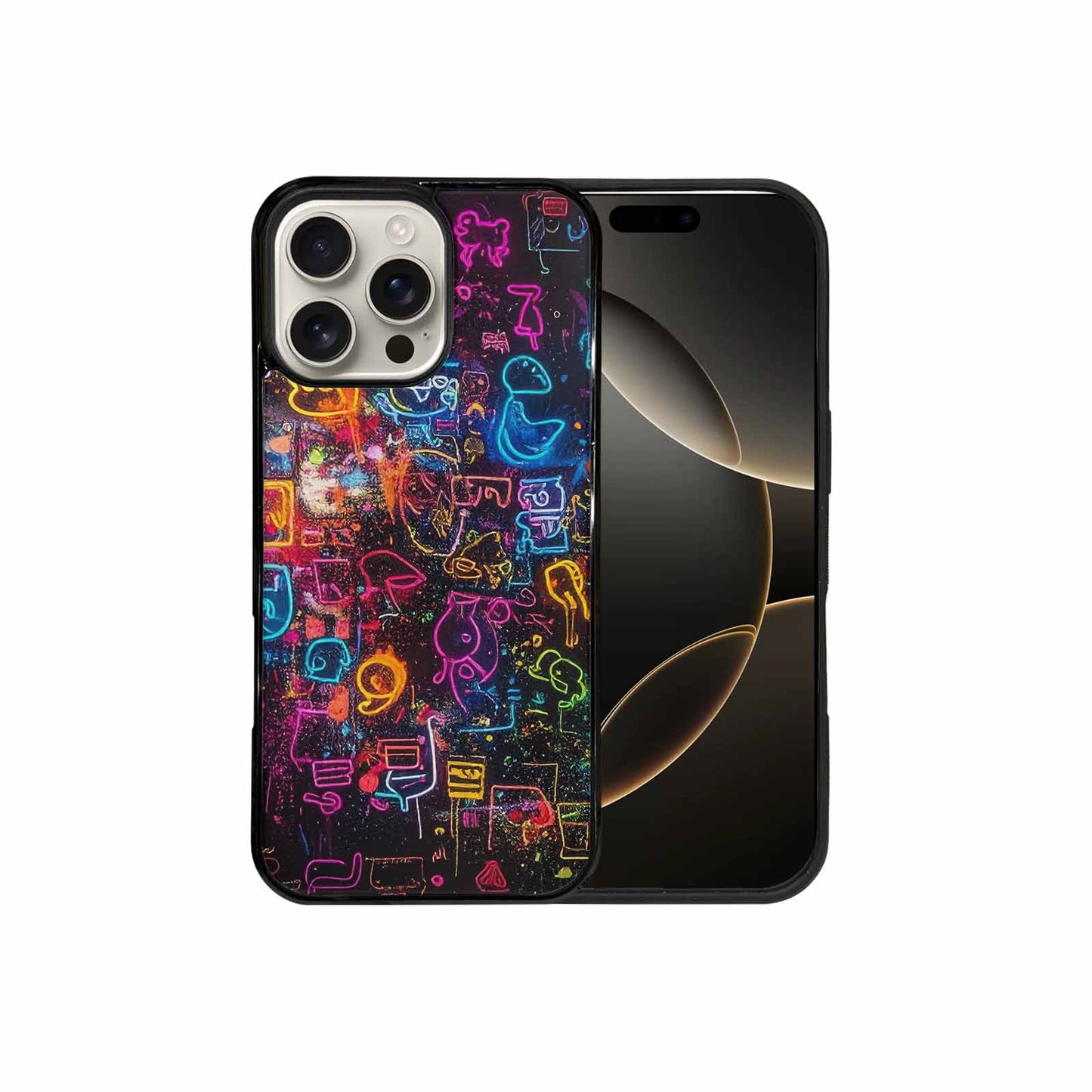 iPhone 16 Pro Max Case — Neon Glow Outline Icon Pattern Hundreds, Custom Phone Case