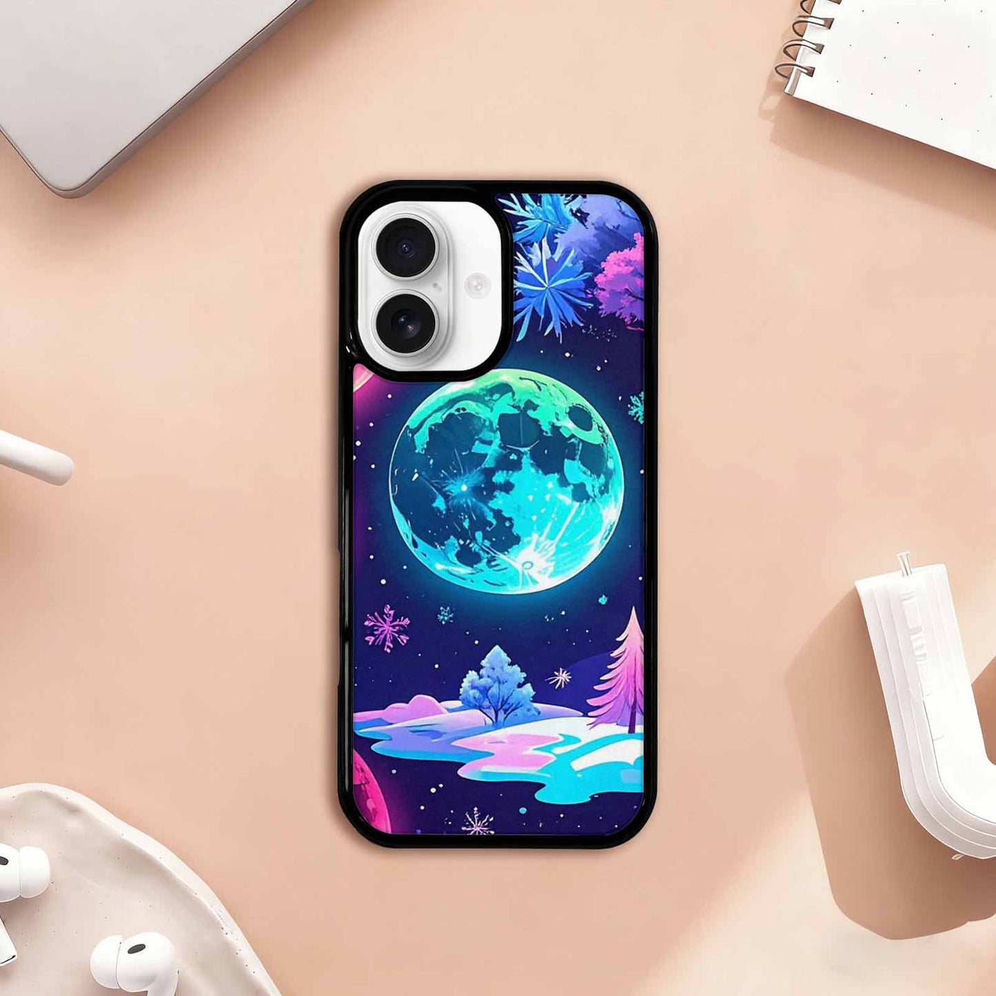 iPhone 17 Case — Neon Winter Moon Cartoon Cute, Custom Phone Case