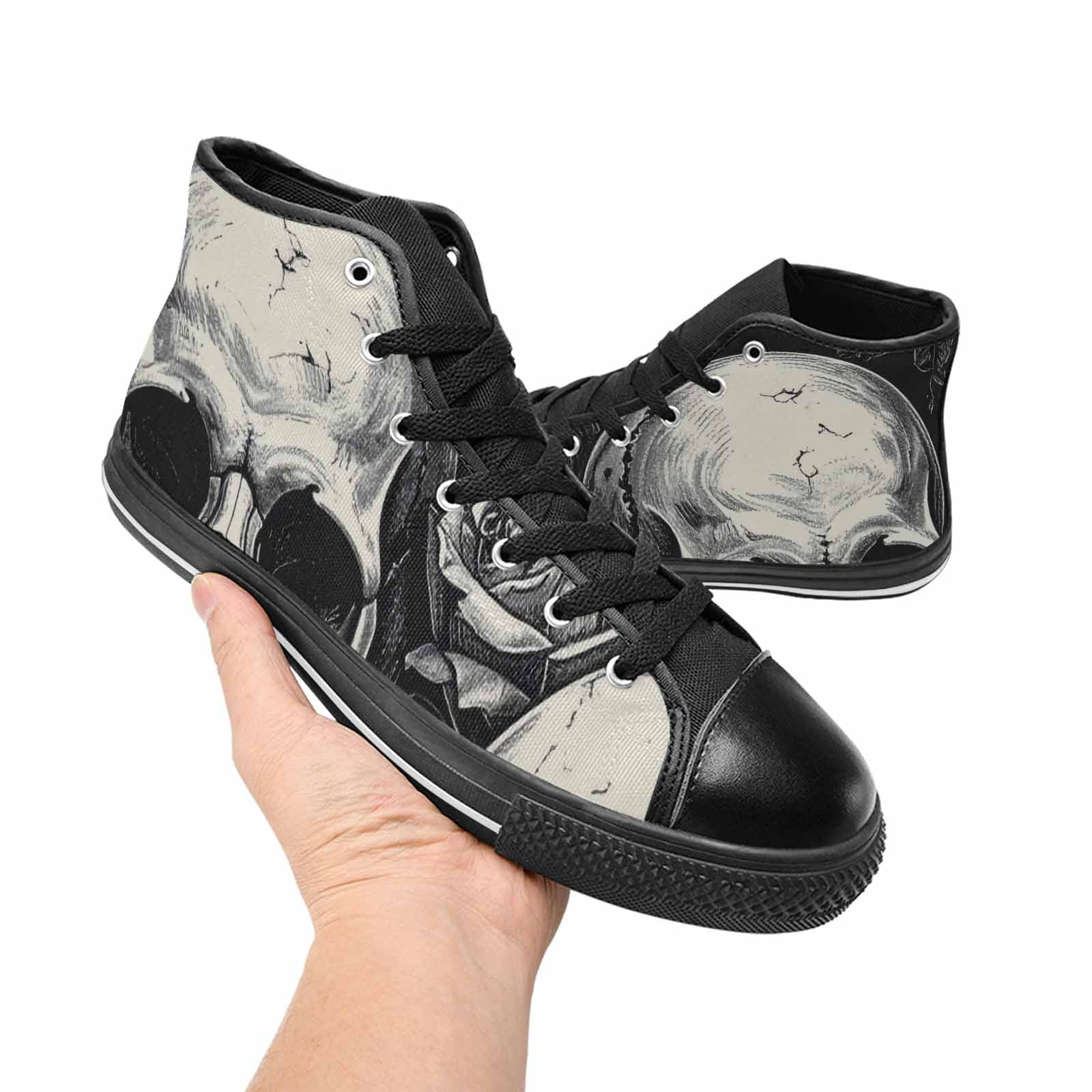 WOMEN'S Skulls Roses Black Ink High Top Canvas Wallpaper Art Shoes