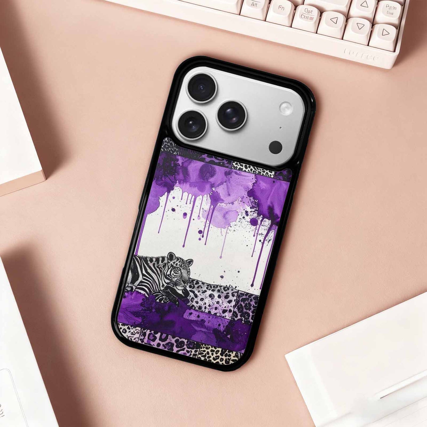 iPhone 17 Pro Case — Black Purple Ink Animal Print Animal, Custom Designed Case Cover
