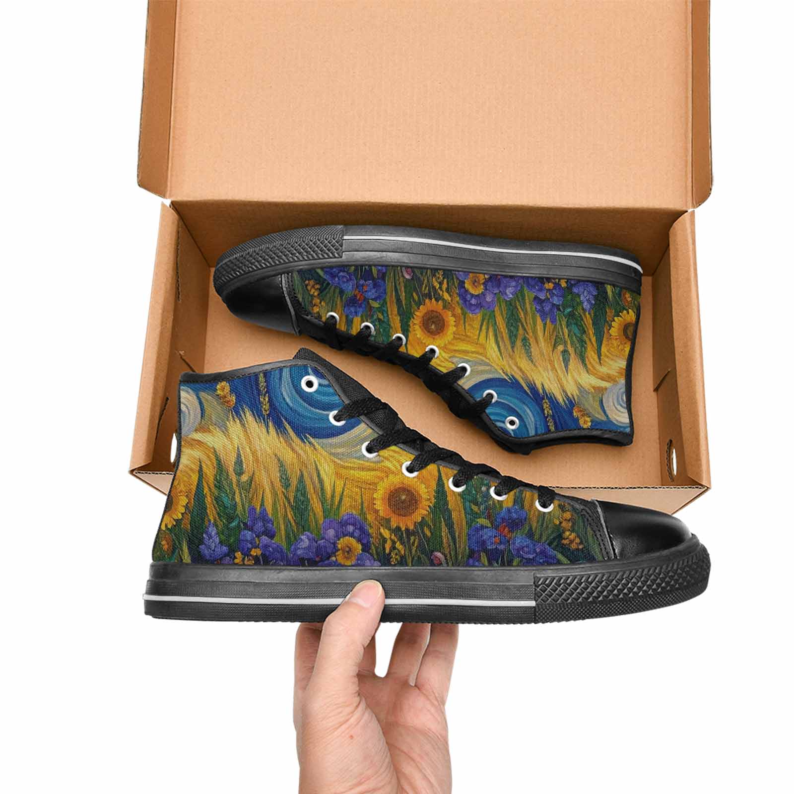 WOMEN'S Van Gogh-Style Swirl High Top Canvas Neon Fantasy Custom Sneakers