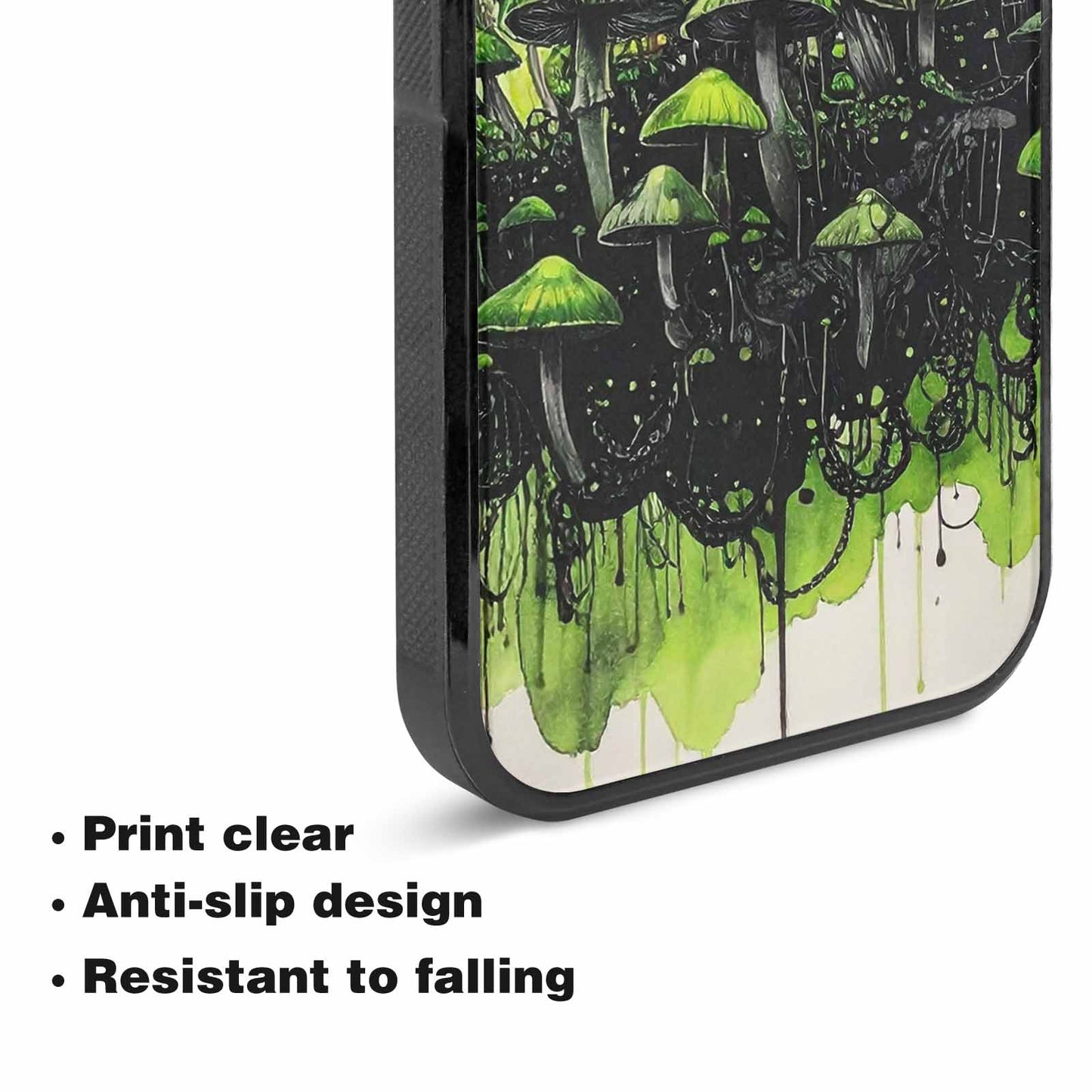 iPhone 15 Plus Case — Rainbow Drip Mushrooms Black Green Ink, Unique Phone Case Design
