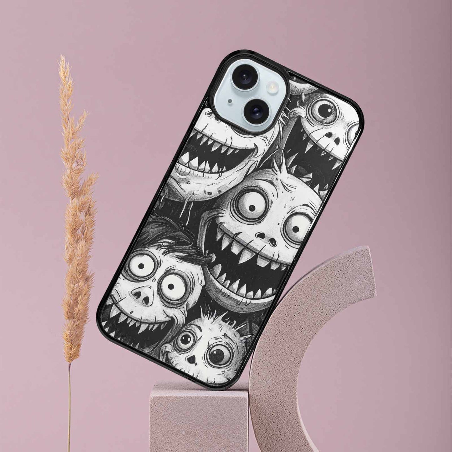 iPhone 15 Plus Case — Black And White Monster Face Collage, Custom Phone Case