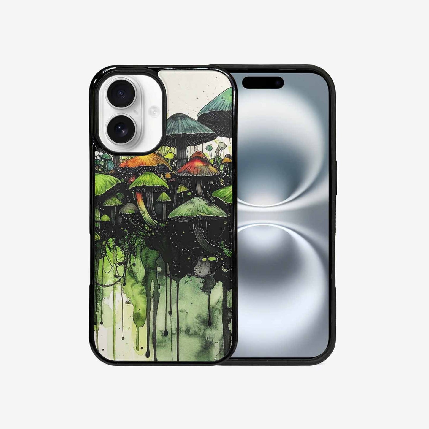 iPhone 16 Case — Rainbow Drip Mushrooms Black Green Ink, Custom Printed Phone Case