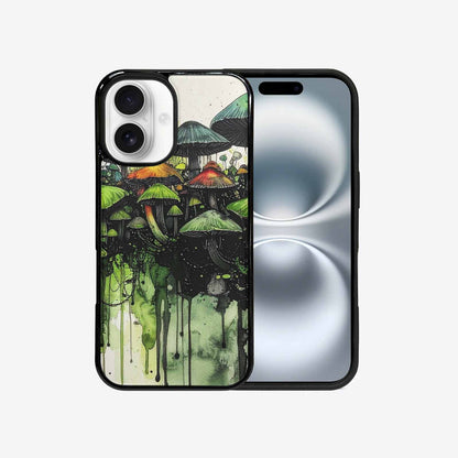 iPhone 16 Case — Rainbow Drip Mushrooms Black Green Ink, Custom Printed Phone Case