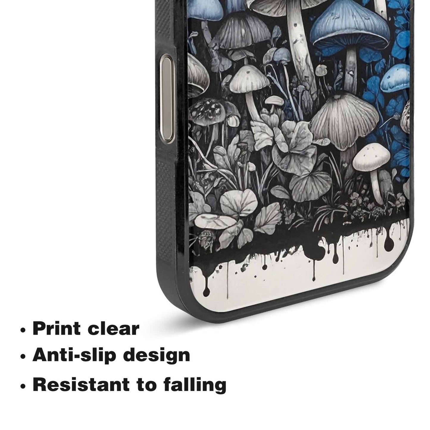 iPhone 16 Pro Max Case — Mushrooms General Black Blue Ink Mushrooms, Custom Made Phone Cover