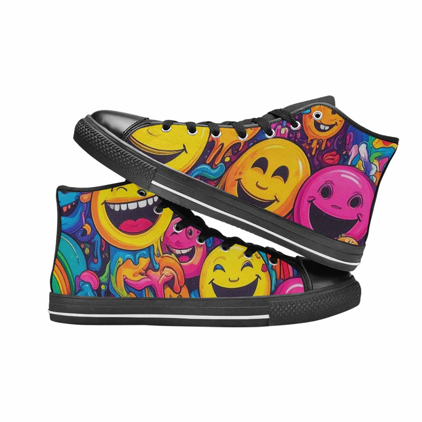 WOMEN'S Yellow Smiley Face High Top Canvas Surreal Custom Sneakers
