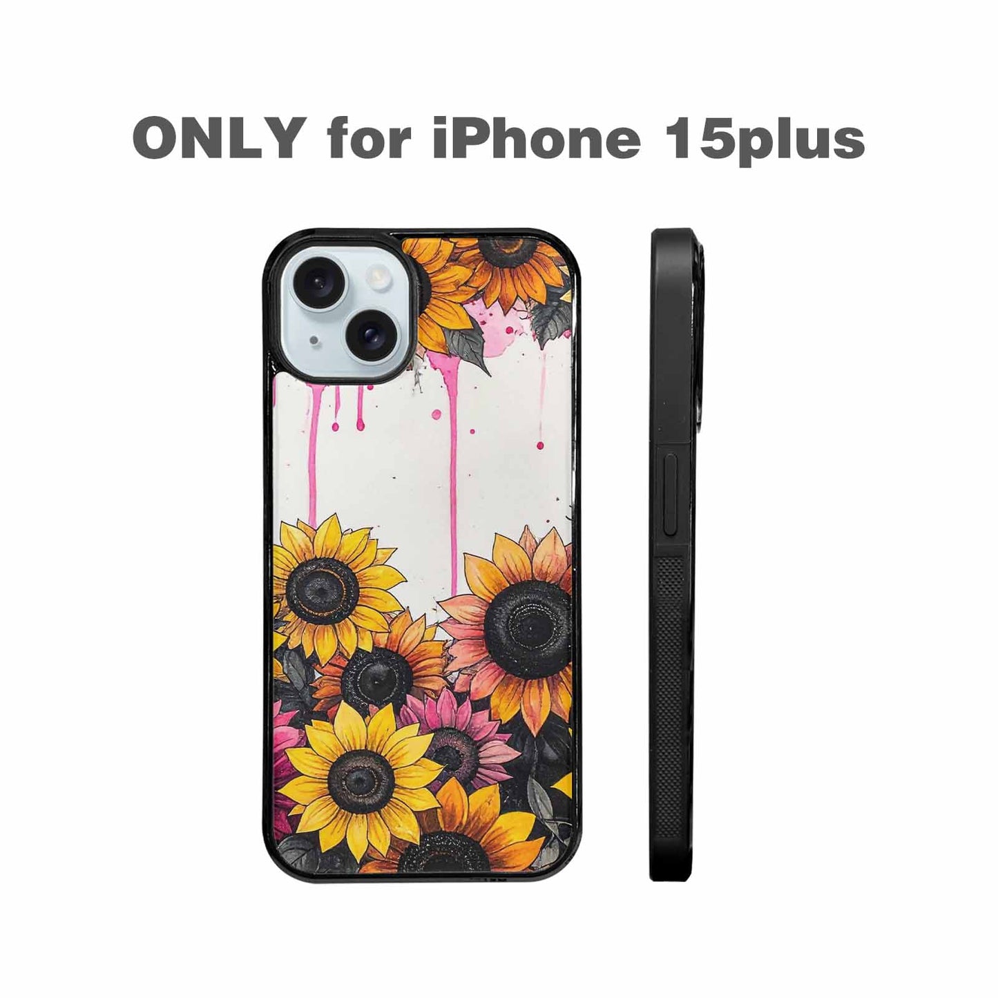 iPhone 15 Plus Case — Sunflower Burst Black Pink Ink Sunflowers, Custom Phone Case