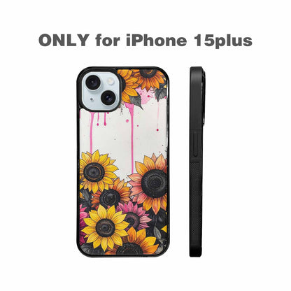 iPhone 15 Plus Case — Sunflower Burst Black Pink Ink Sunflowers, Custom Phone Case