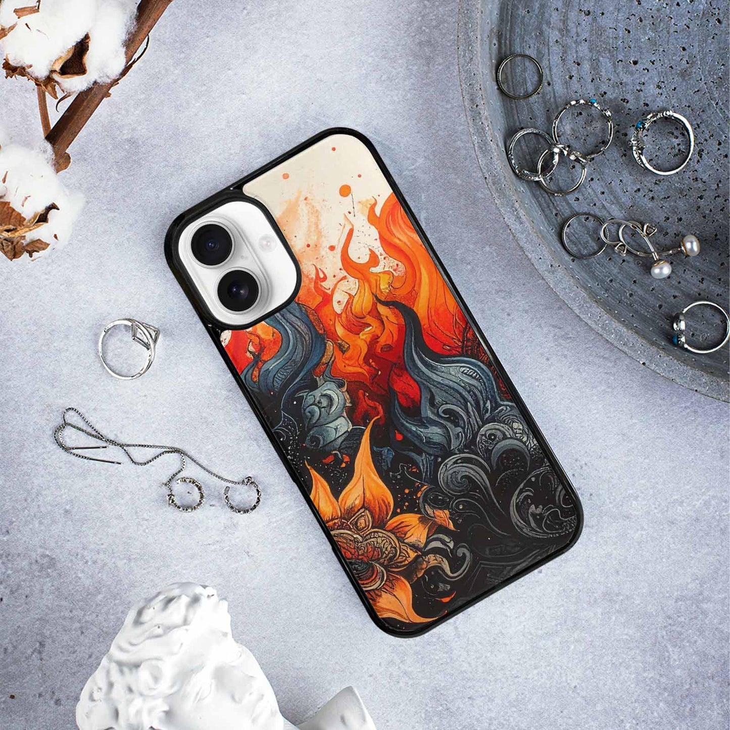 iPhone 16 Plus Case — Flame Burst Black Red Ink Flame, Custom Art Phone Cover