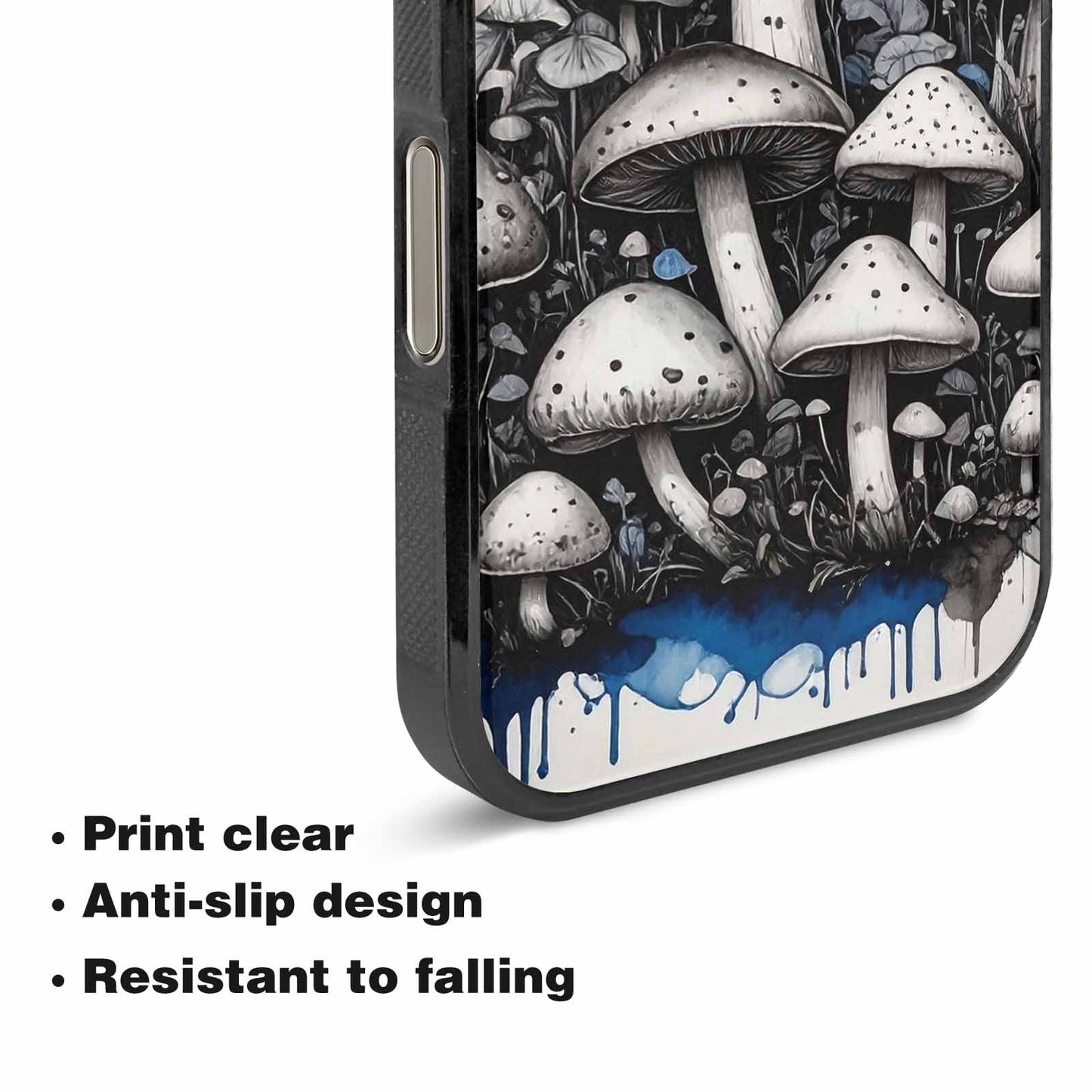 iPhone 16 Pro Max Case — Mushrooms General Black Blue Ink Mushrooms, Unique Phone Case Design