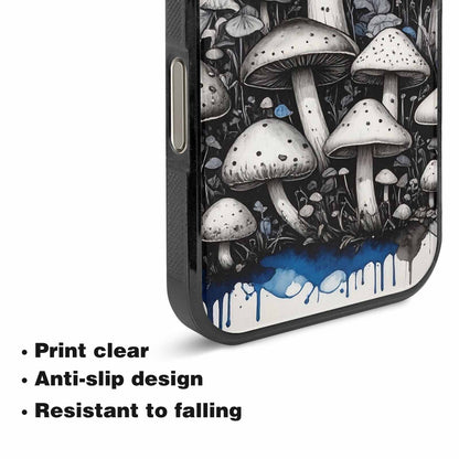 iPhone 16 Pro Max Case — Mushrooms General Black Blue Ink Mushrooms, Unique Phone Case Design