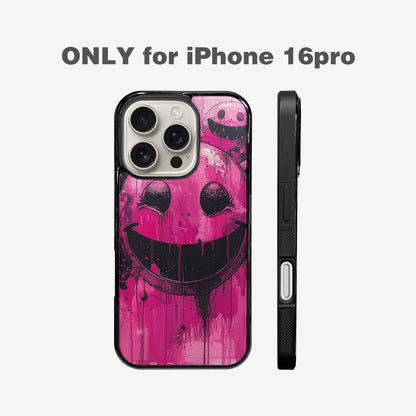 iPhone 16 Pro Case — Melting Moon Smiley Black Pink Ink, Custom Printed Phone Case