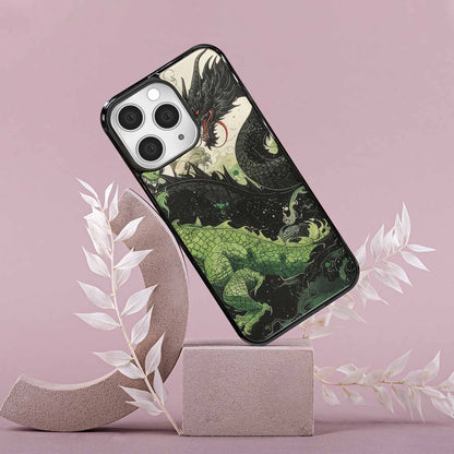 iPhone 15 Pro Max Case — Dragon Scale Black Green Ink Dragons, Custom Made Phone Cover