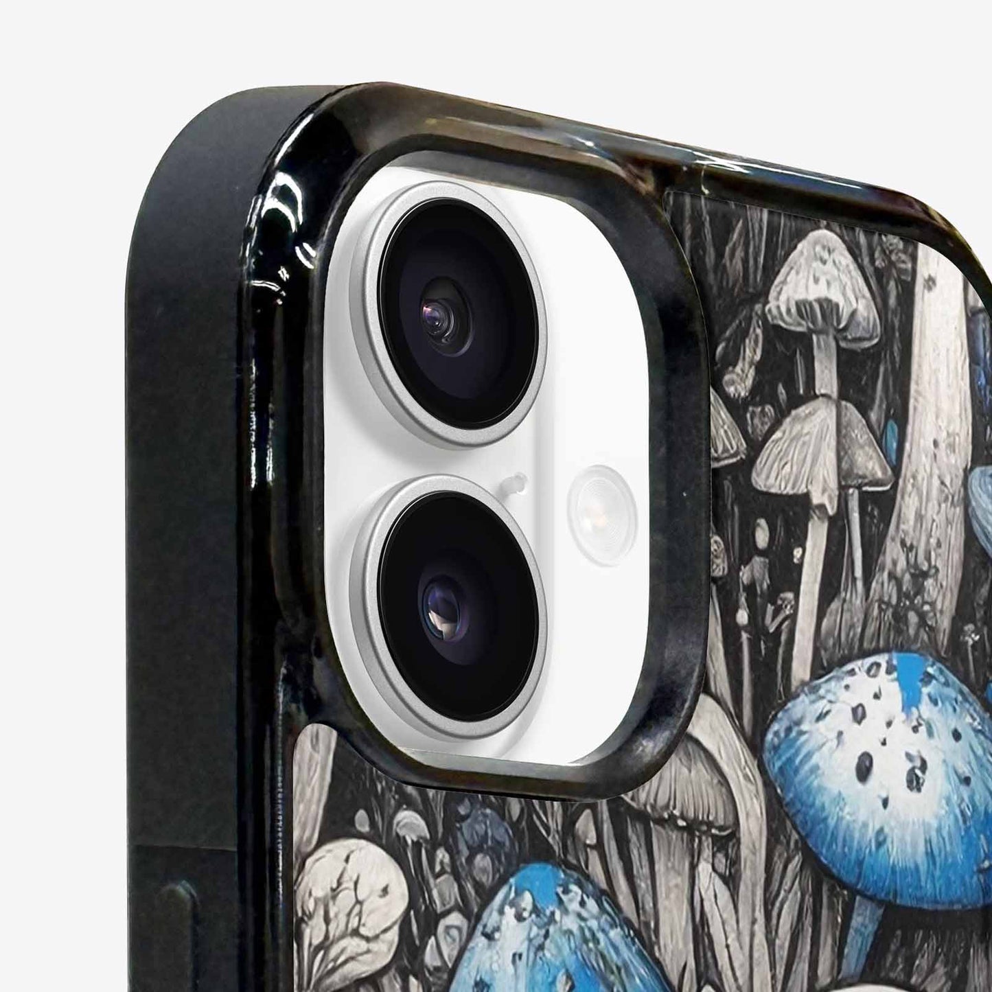 iPhone 16 Case — Mushrooms General Black Blue Ink Mushrooms, Custom Designed Case Cover