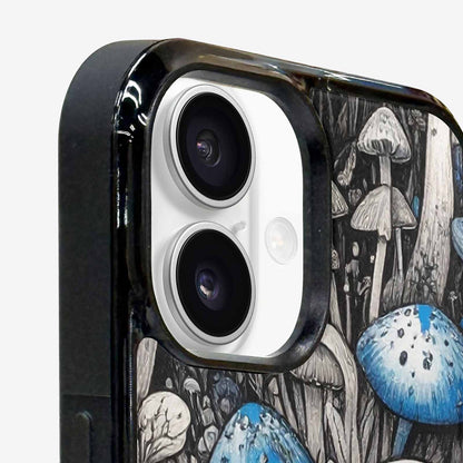 iPhone 16 Case — Mushrooms General Black Blue Ink Mushrooms, Custom Designed Case Cover