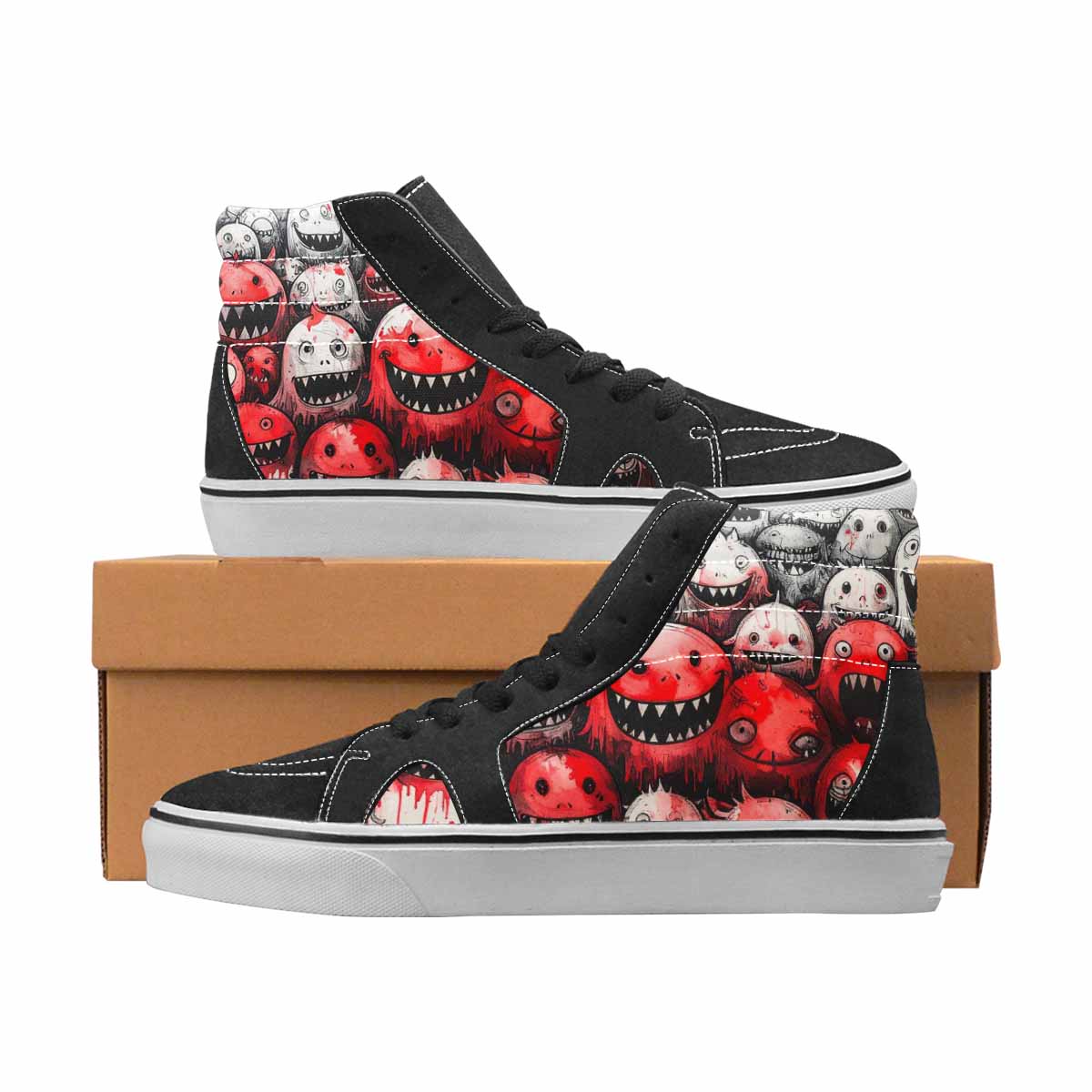 WOMEN'S Monsters Black & Red Ink High Top Canvas Custom Design Grunge Custom Printed Shoes