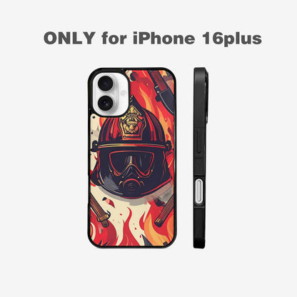iPhone 16 Plus Case — Firefighter Pattern Flames Axes Helmets Seamless, Custom Printed Phone Case