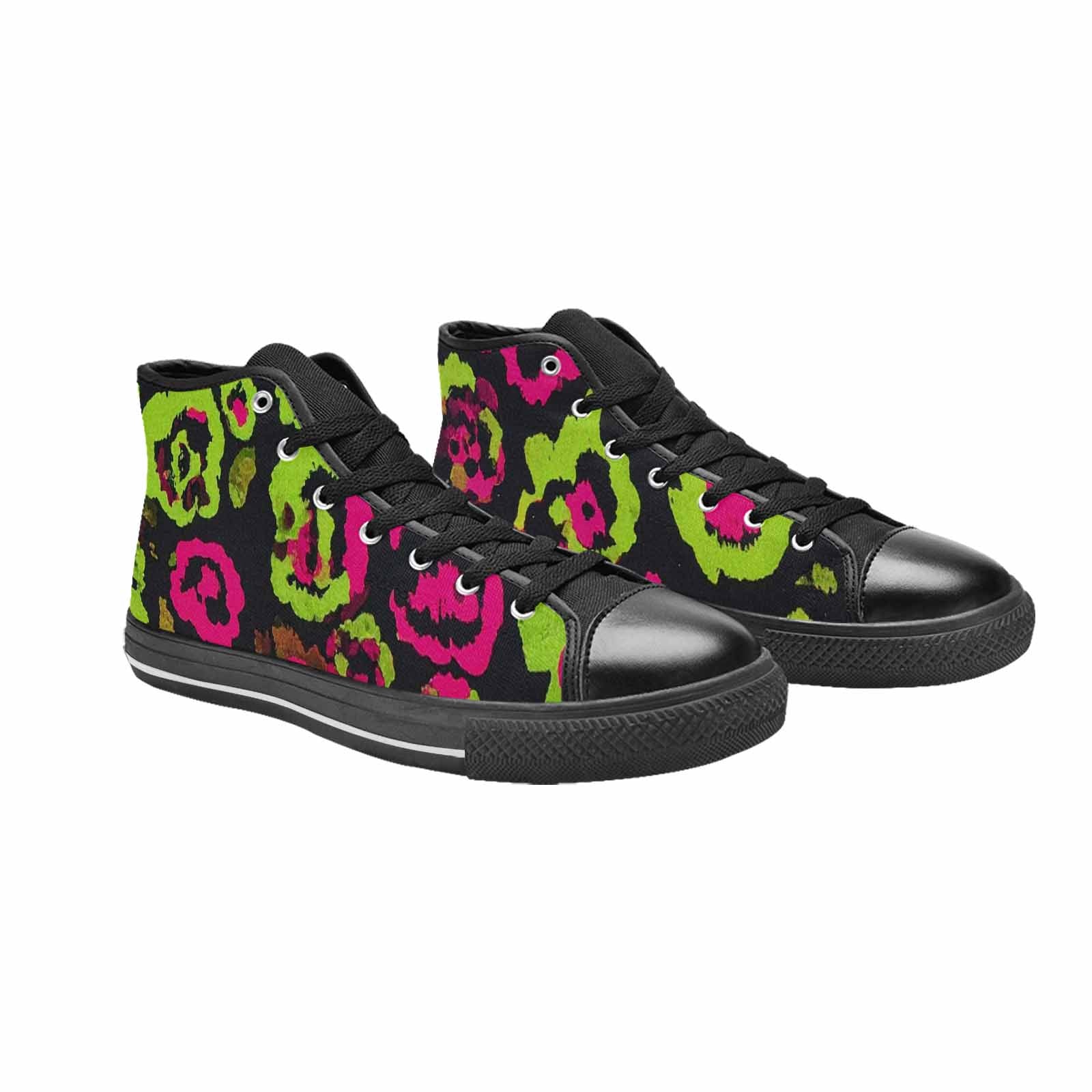 WOMEN'S Leopard Neon Rosette Black High Top Canvas Neon Fantasy Custom Sneakers