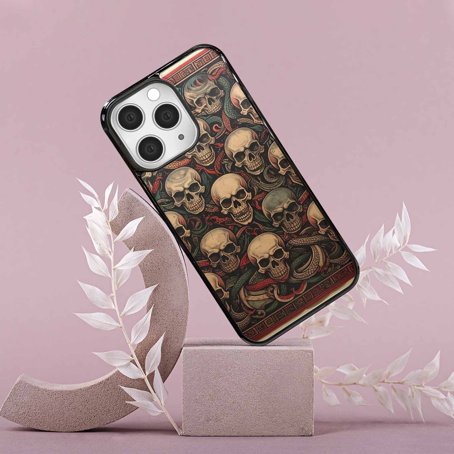 iPhone 15 Pro Max Case — Traditional Tattoo Style Skulls Entwined With, Unique Phone Case Design