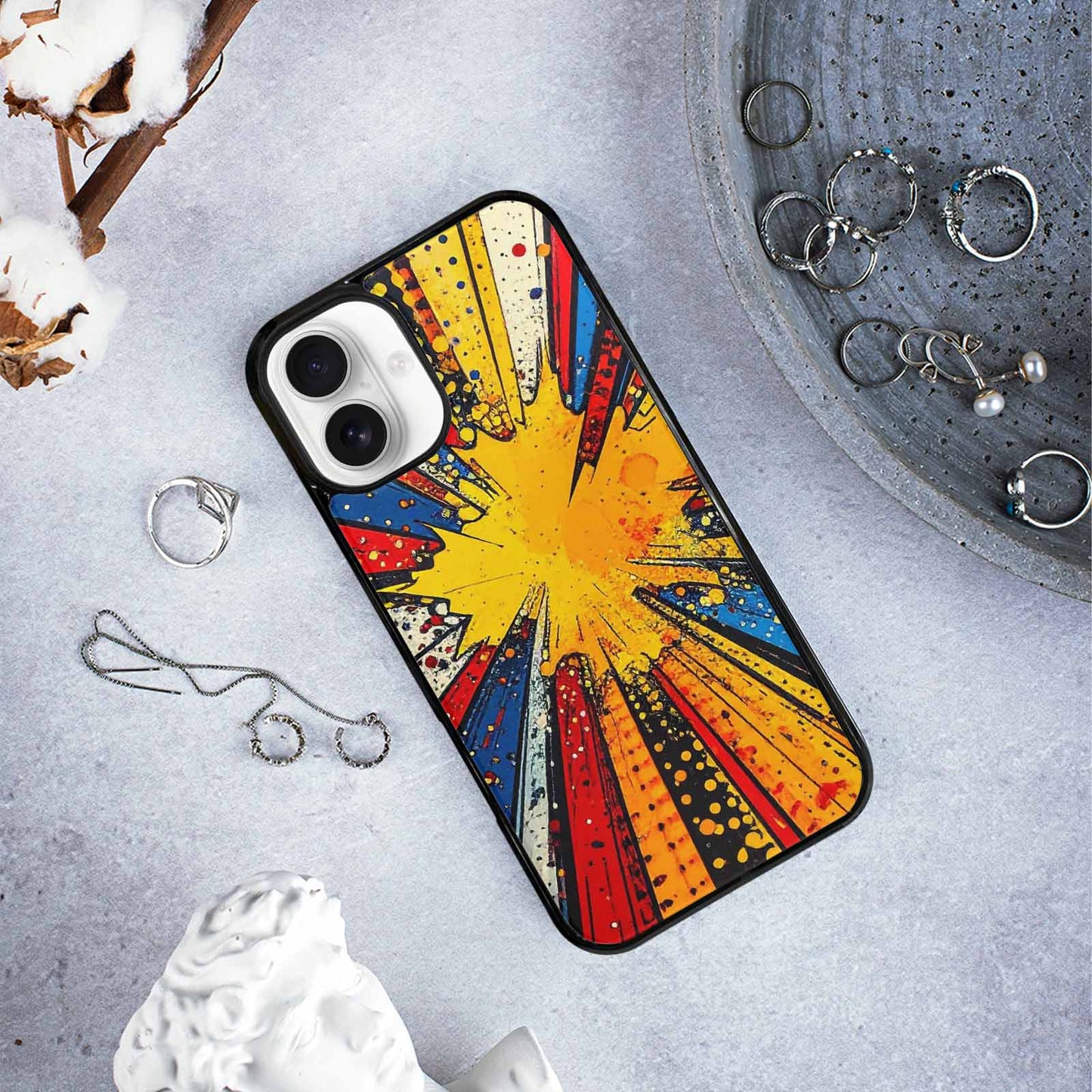 iPhone 16 Plus Case — Comic Halftone Comic Bursts Pattern Hundreds, Custom Print Case Cover