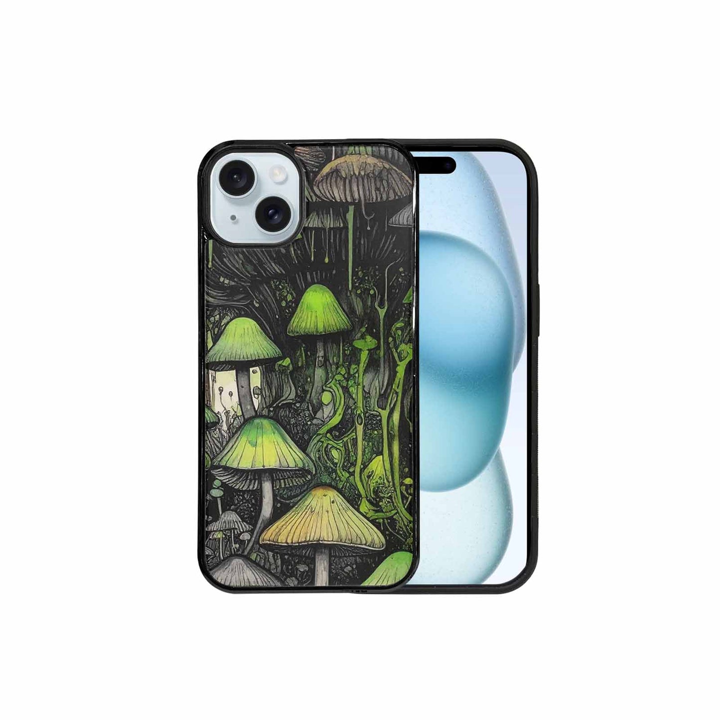 iPhone 15 Plus Case — Rainbow Drip Mushrooms Black Green Ink, Custom Printed Phone Case