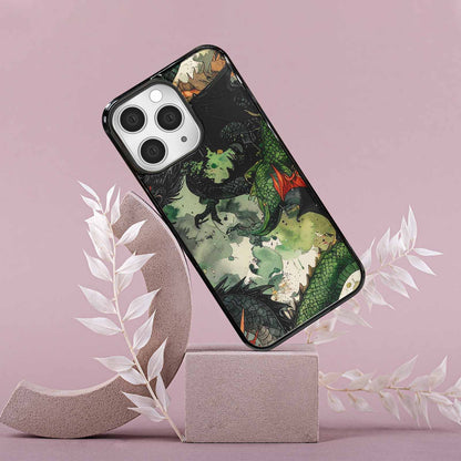 iPhone 15 Pro Max Case — Dragon Scale Black Green Ink Dragons, Custom Printed Phone Case