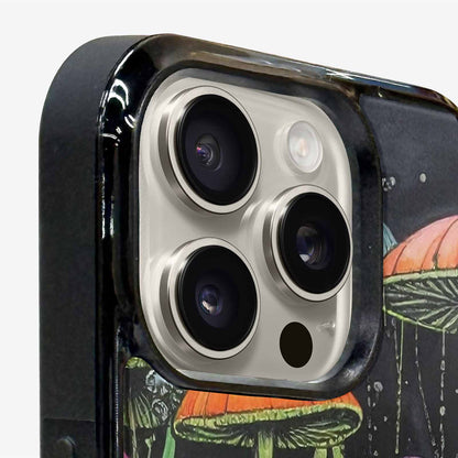 iPhone 15 Pro Max Case — Rainbow Drip Mushrooms Black Green Ink, Unique Phone Case Design