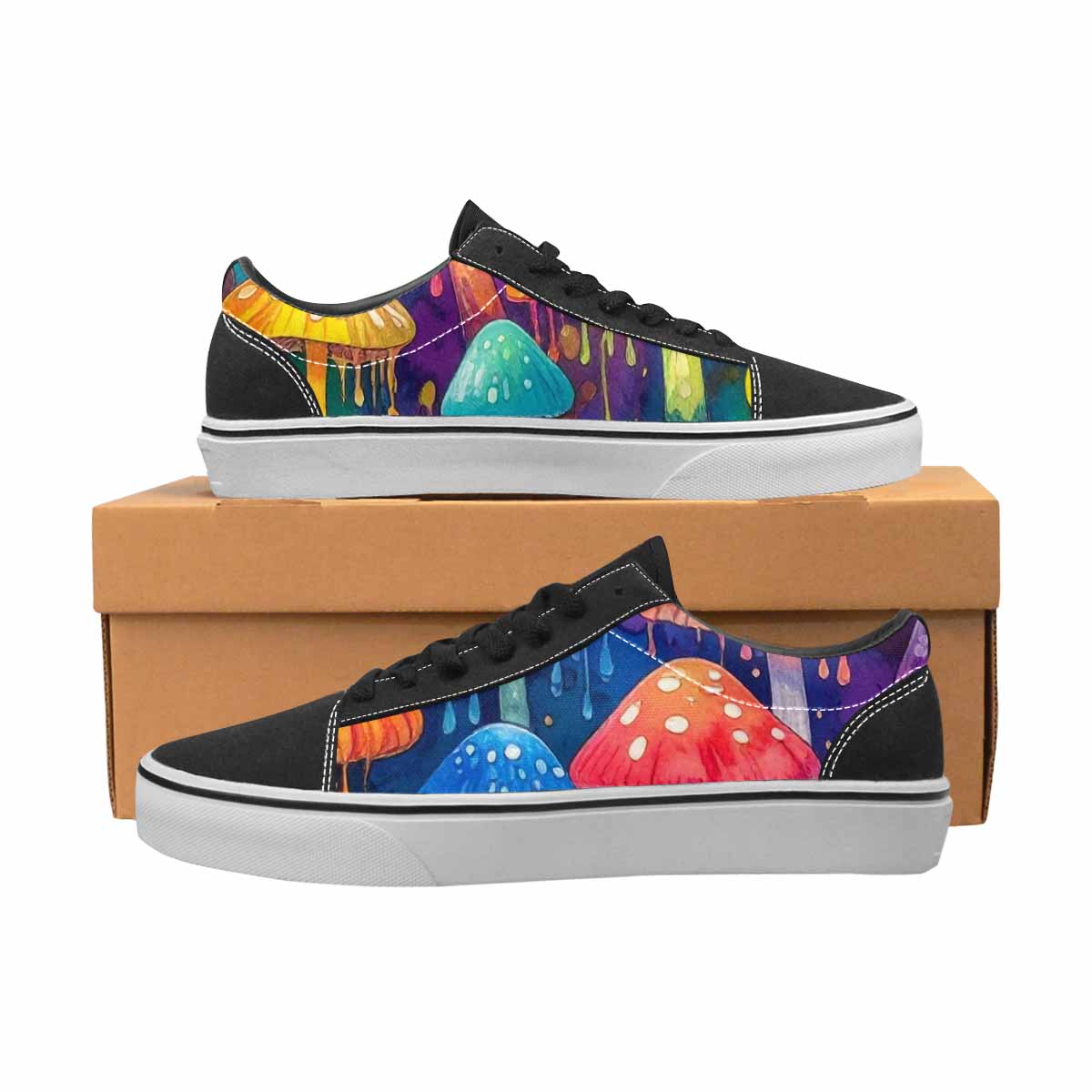 WOMEN'S Rainbow Drip Mushrooms Lace-Up Canvas Kaleidoscope Custom Sneakers