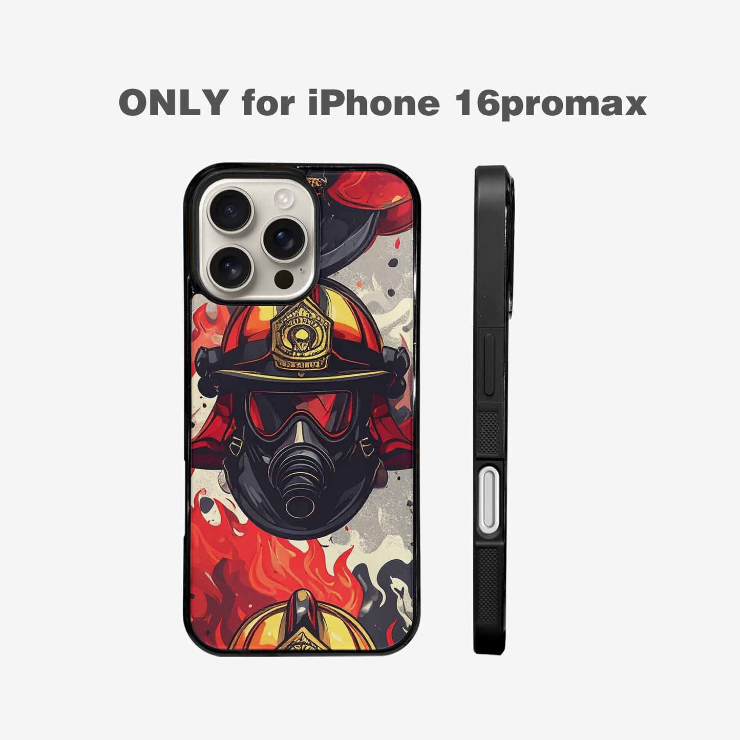iPhone 16 Pro Max Case — Firefighter Pattern Flames Axes Helmets Seamless, Custom Made Phone Cover