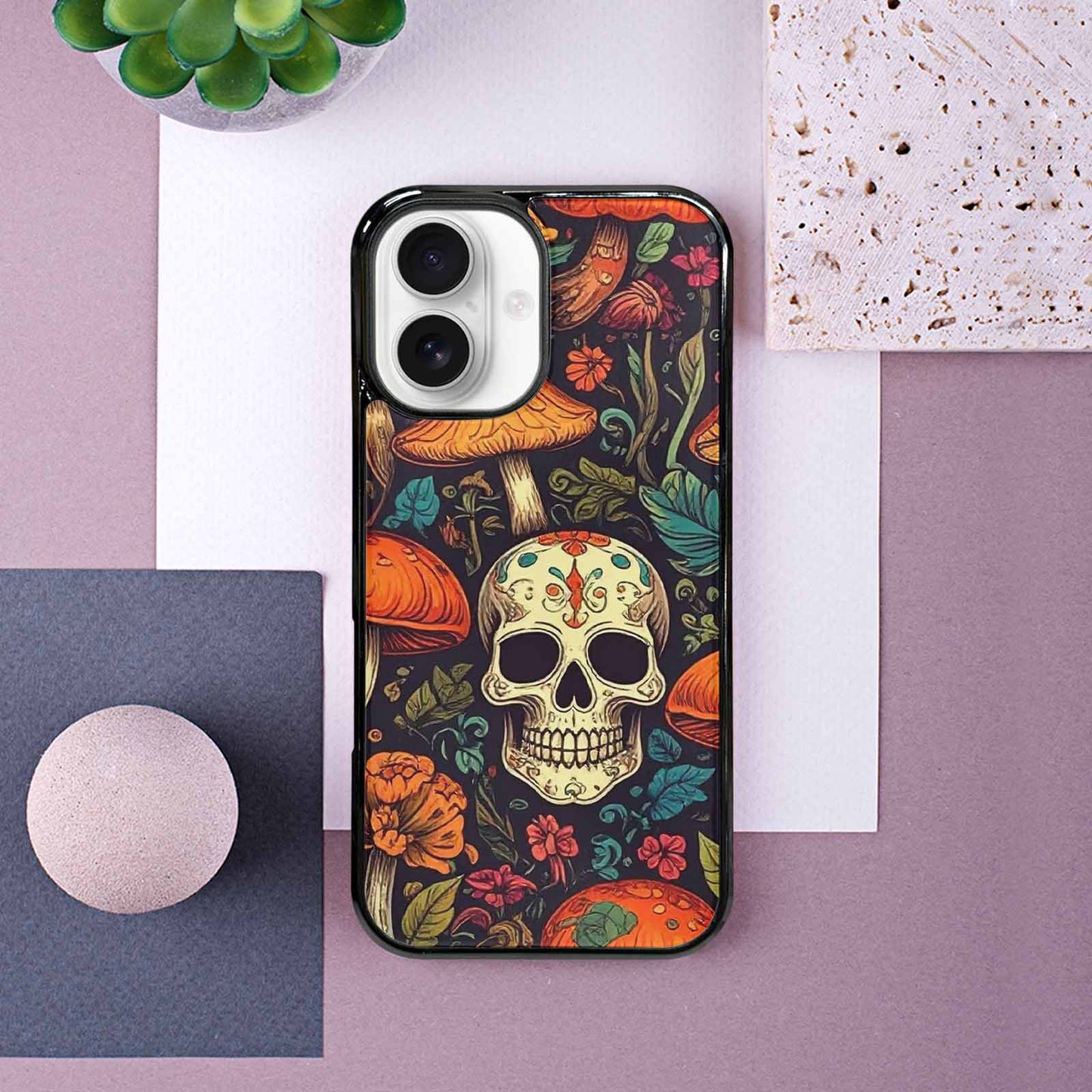 iPhone 16 Case — Mushrooms And Skulls, Custom Made Phone Cover