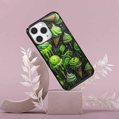 iPhone 15 Pro Max Case — Ice Cream Motif Black Green Ink, Custom Phone Case
