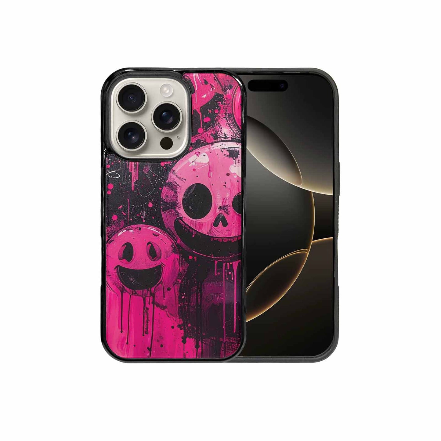 iPhone 16 Pro Case — Melting Moon Smiley Black Pink Ink, Custom Printed Phone Case