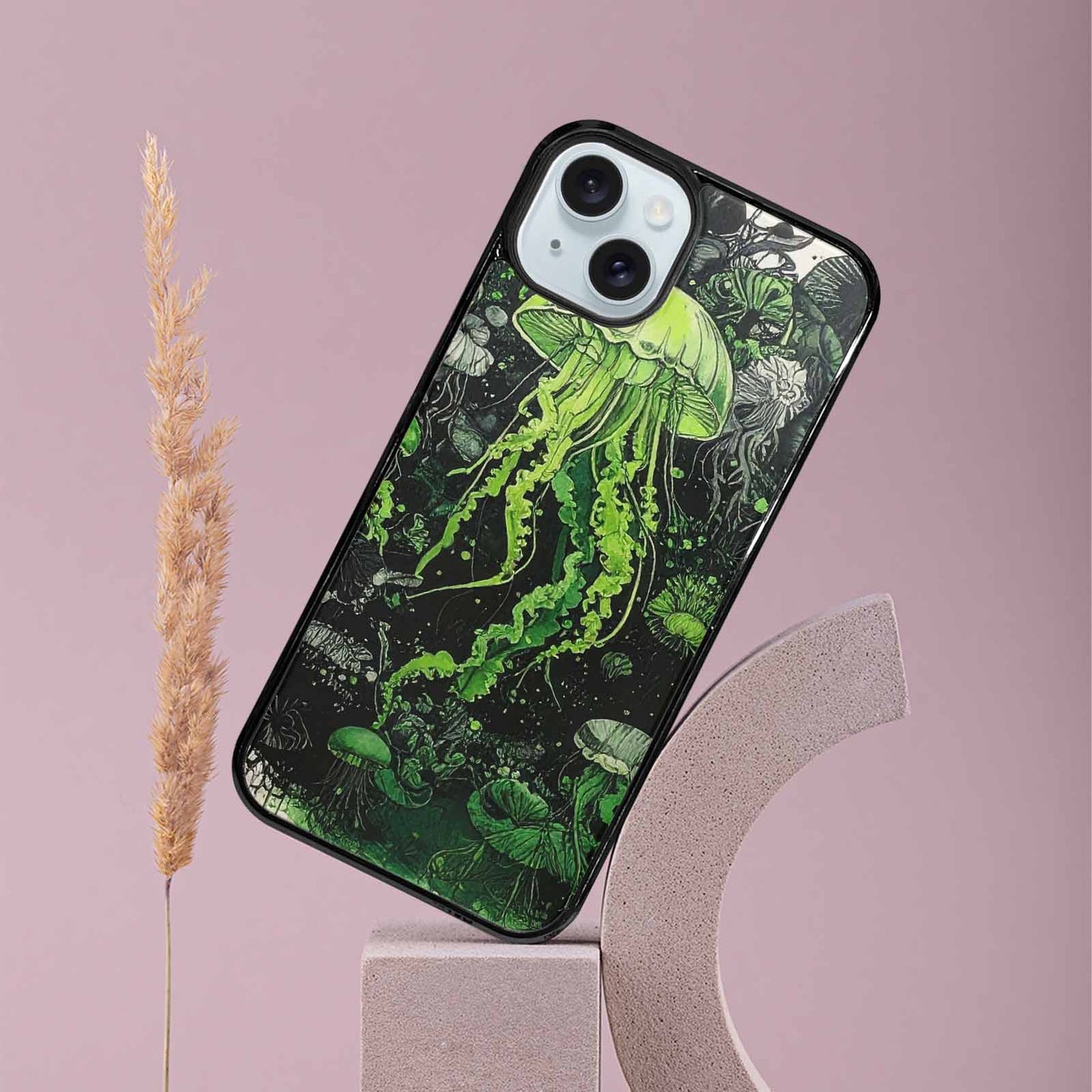 iPhone 15 Plus Case — Sea Creature Burst Black Green Ink, Customized Protective Case