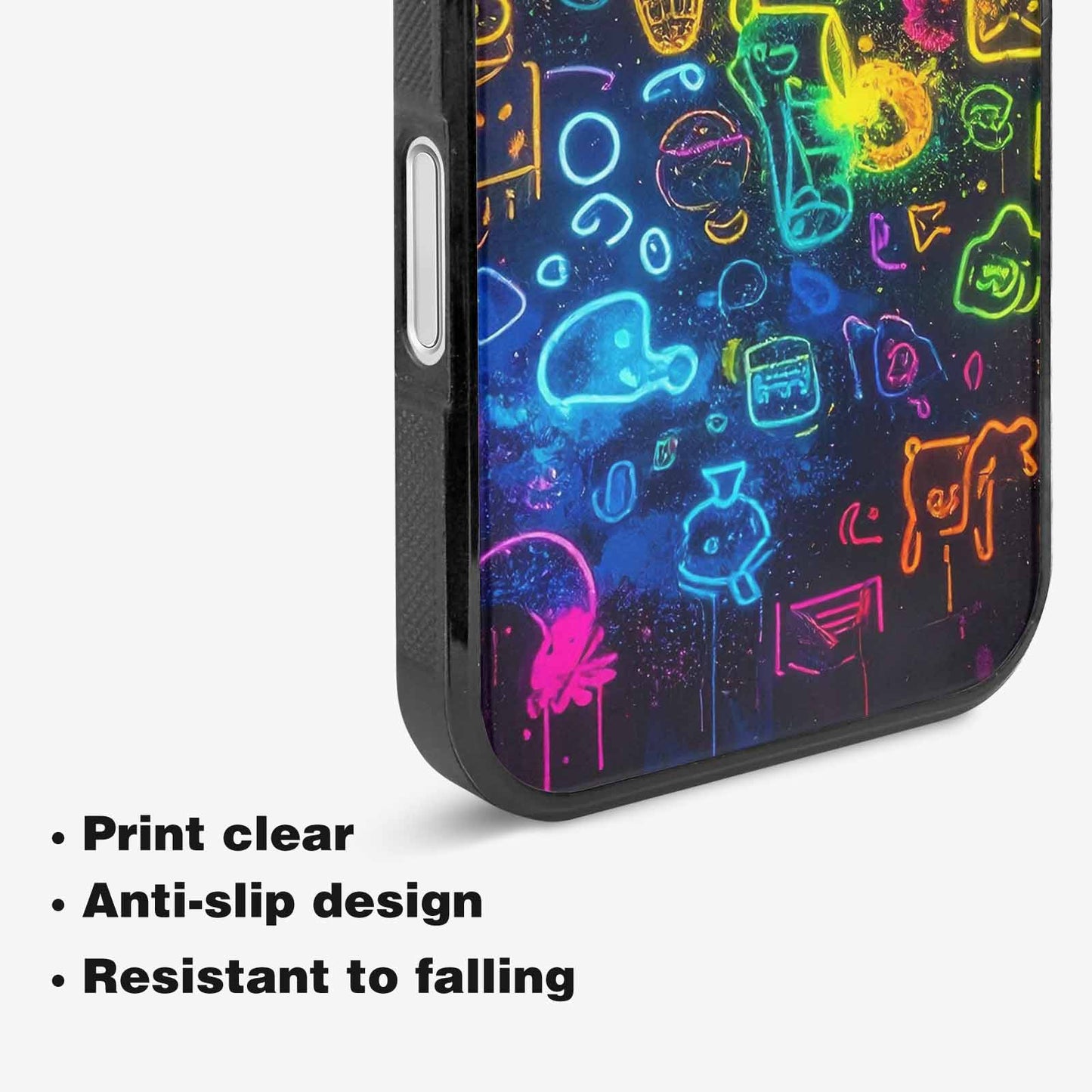 iPhone 16 Plus Case — Neon Glow Outline Icon Pattern Hundreds, Custom Printed Phone Case
