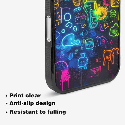 iPhone 16 Plus Case — Neon Glow Outline Icon Pattern Hundreds, Custom Printed Phone Case