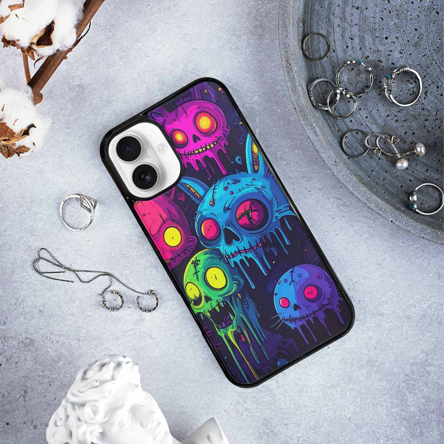 iPhone 16 Plus Case — Mixed Toxic Glow Creature Pattern Hundreds, Custom Printed Phone Case