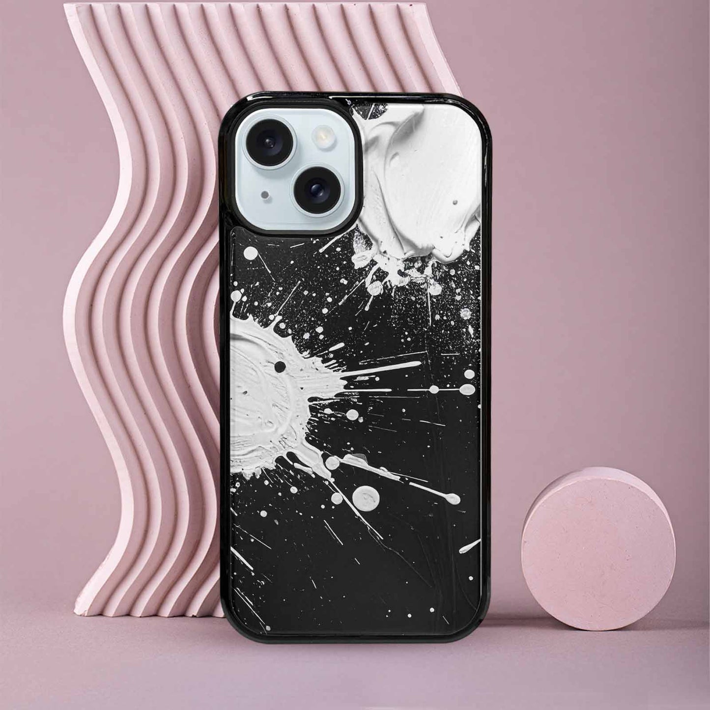iPhone 15 Case — White Ink Splatter Texture On Black, Custom Art Phone Cover