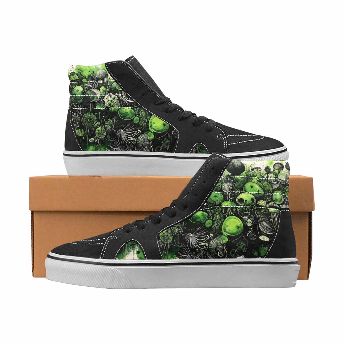 WOMEN'S Sea Creatures Black & Green Ink High Top Canvas Graphic Print Vivid Custom Print Sneakers